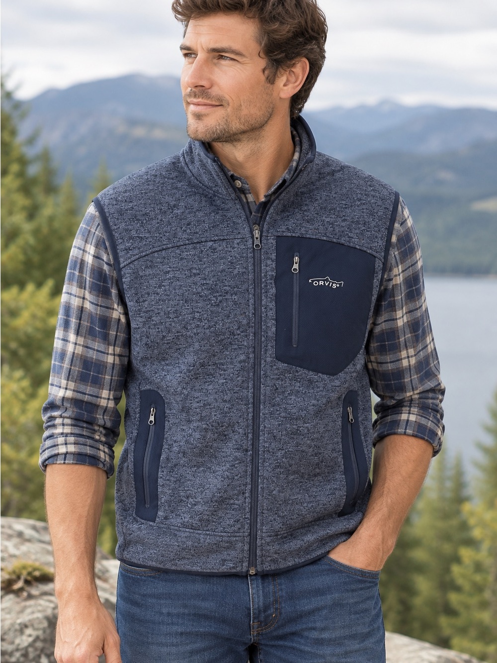 Orvis Men's Heather Navy Zip Front Fleece Vest